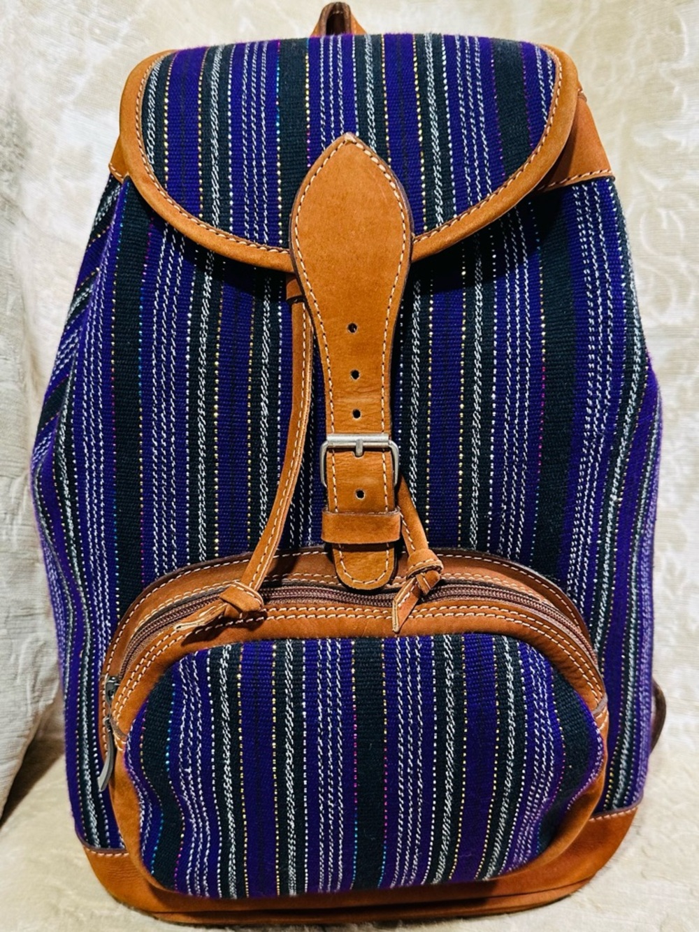 Handwoven Guatemalan Backpack with Genuine Leather Trim - Picture 2 of 5
